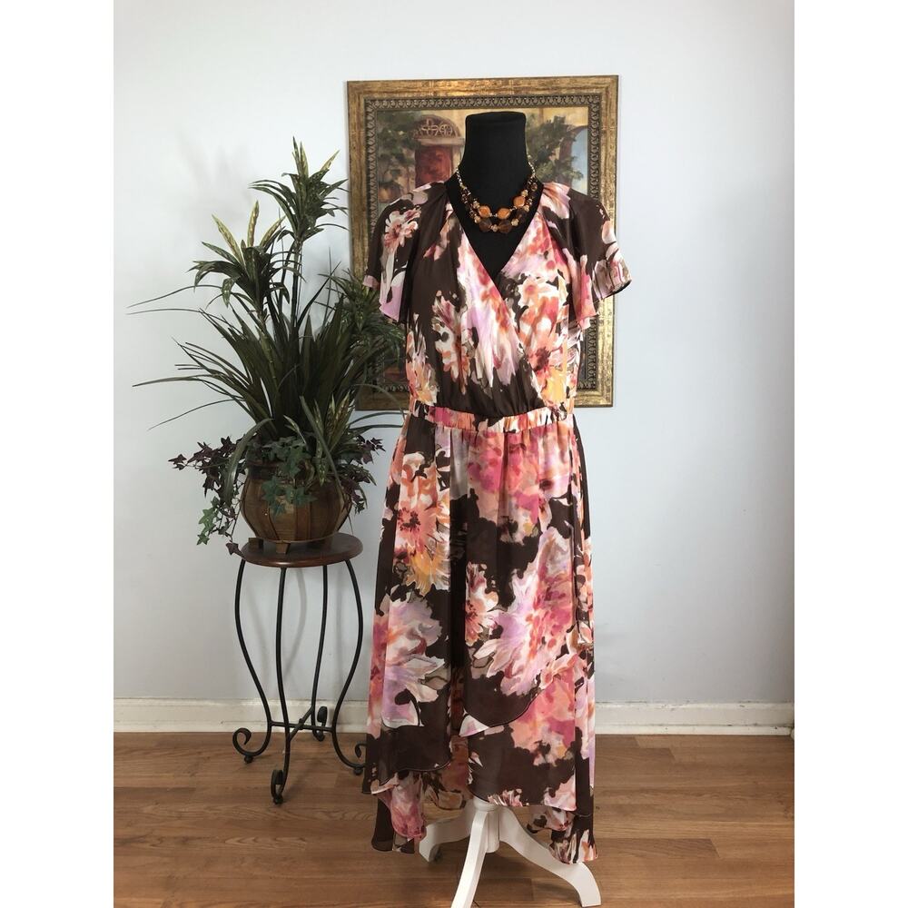 Sangria Women Size 12 Fluter Sleeve High And Low Wrap Dress Cottage Core Peasant
